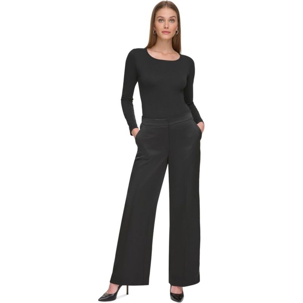 DKNY Womens Satin Mid Rise Wide Straight Leg Relaxed Casual Pants, Black, 16, DM